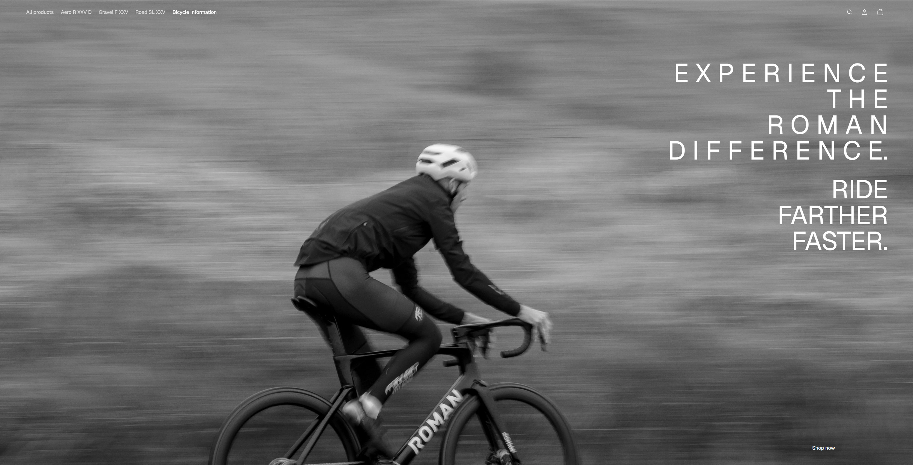 Person riding a bicycle with 'Roman' branding against a blurred background, featuring text about the brand.