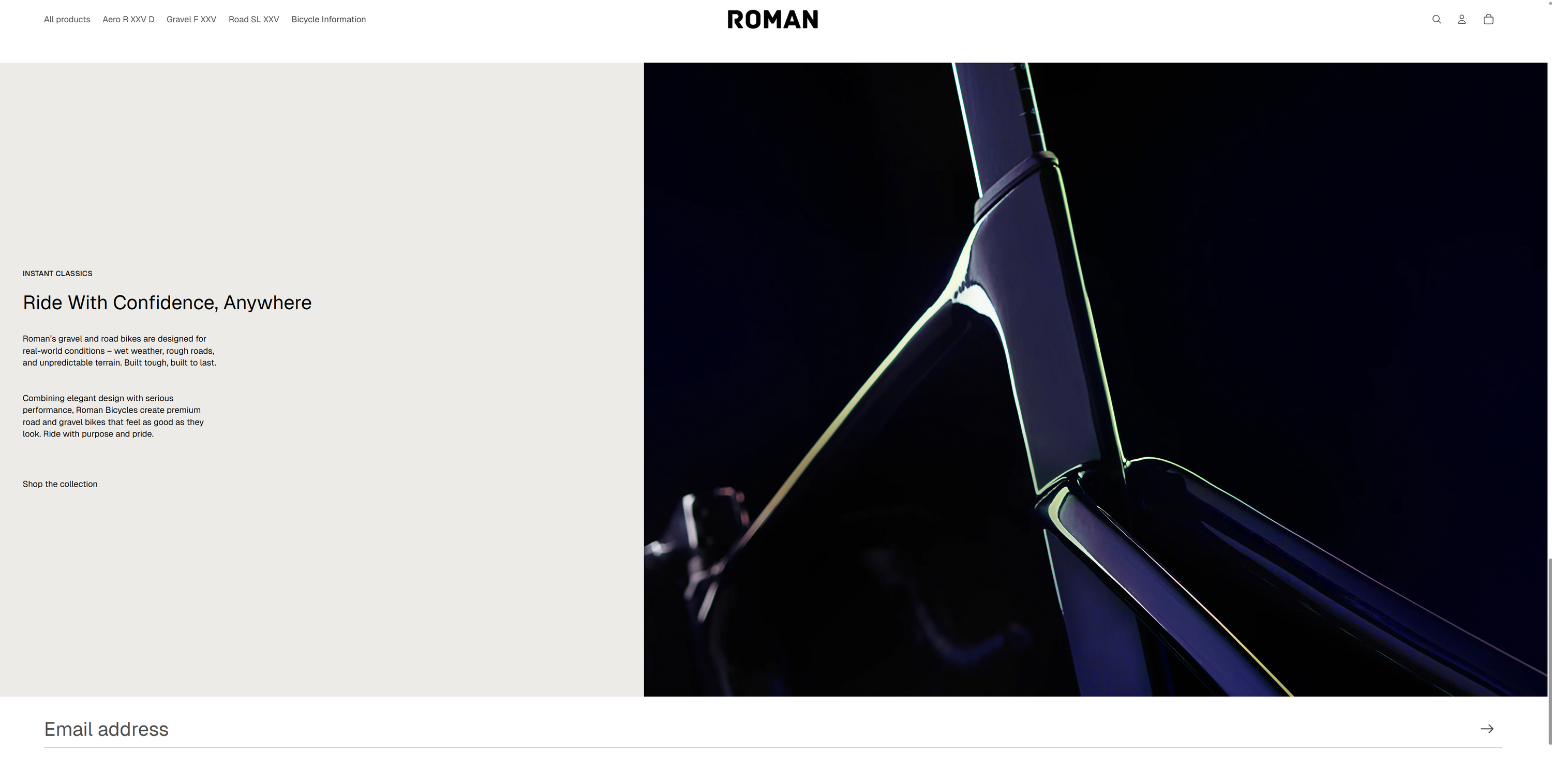 Website page with a dark background and text on the left side, featuring the brand 'ROMAN'.