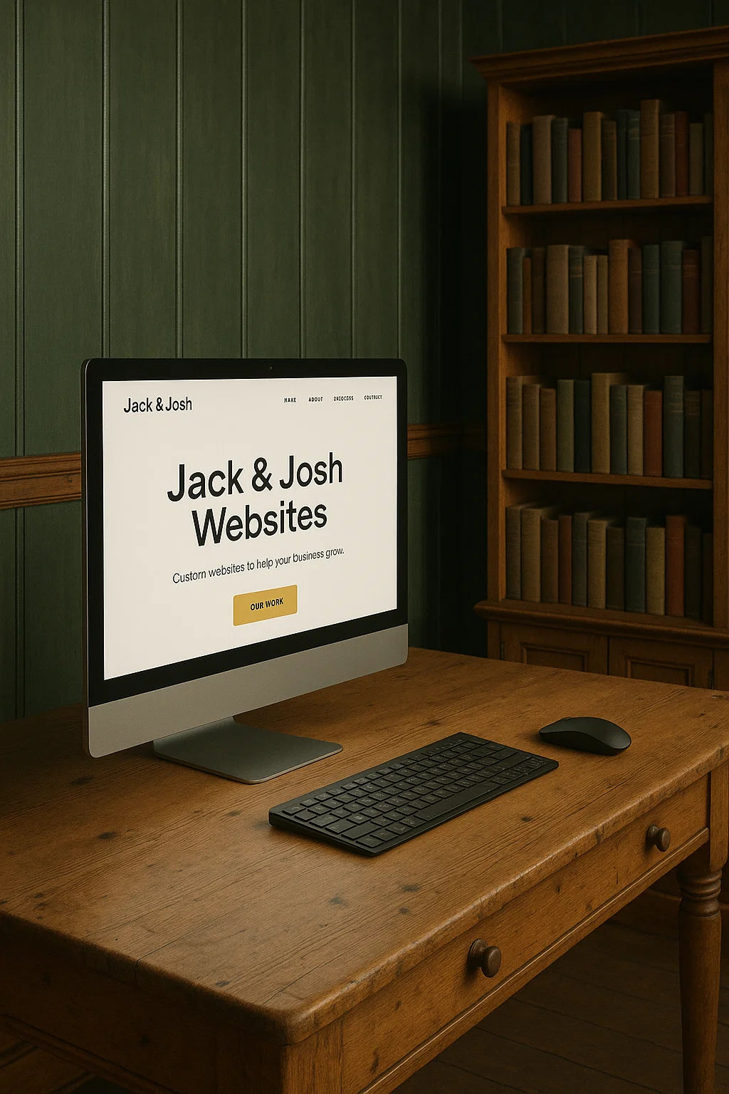 Computer monitor displaying 'Jack & Josh Websites' on a wooden desk with a bookshelf in the background.