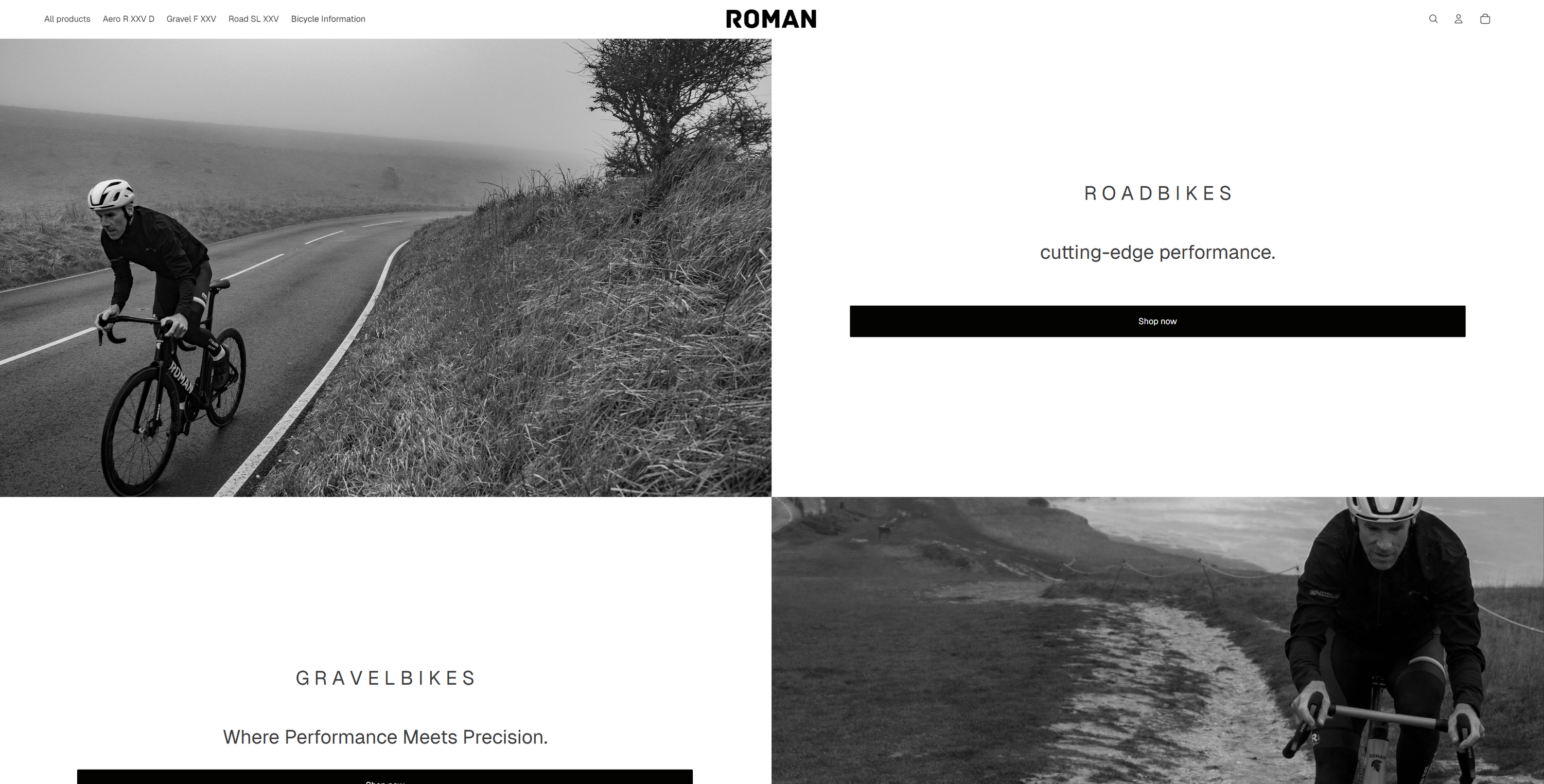 Bicycle brand website with images of a cyclist on a road and text about bikes.